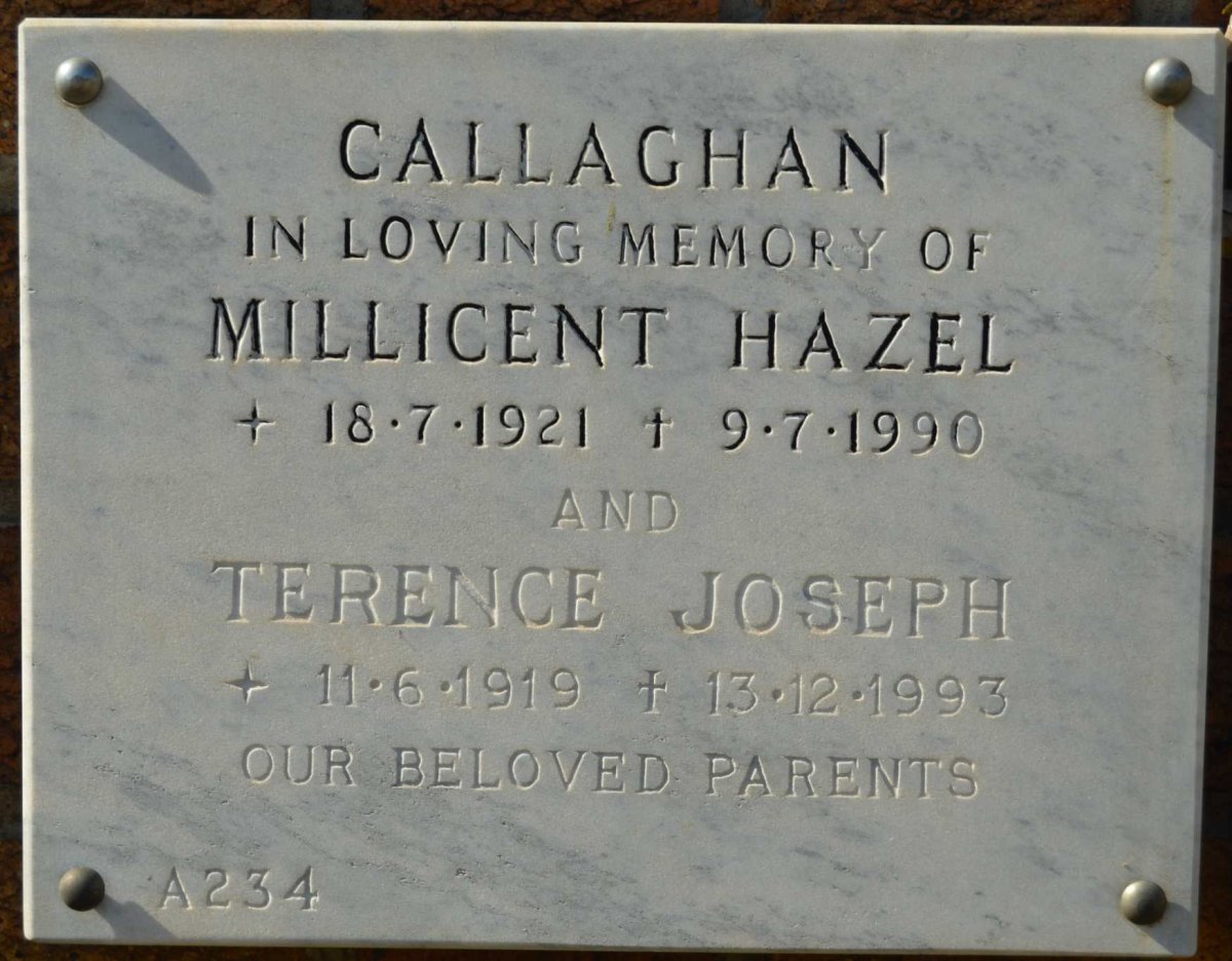 CALLAGHAN Terence Joseph 1919-1993 &amp; Millicent Hazel 1921-1990