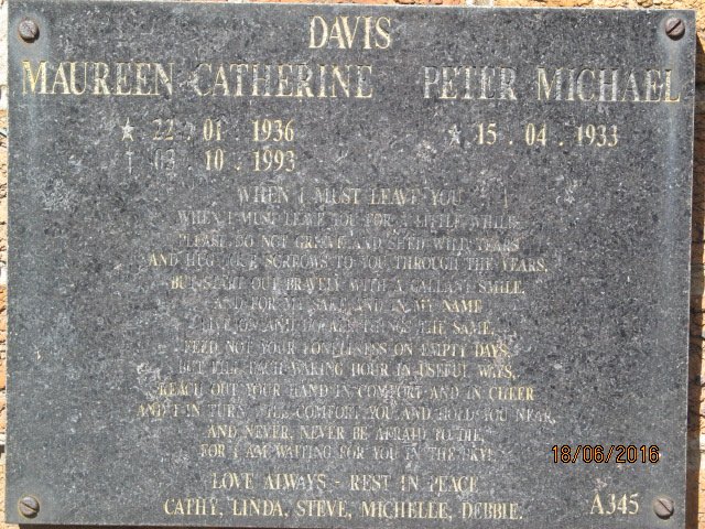 DAVIS Peter Michael 1933- &amp; Maureen Catherine 1936-1993