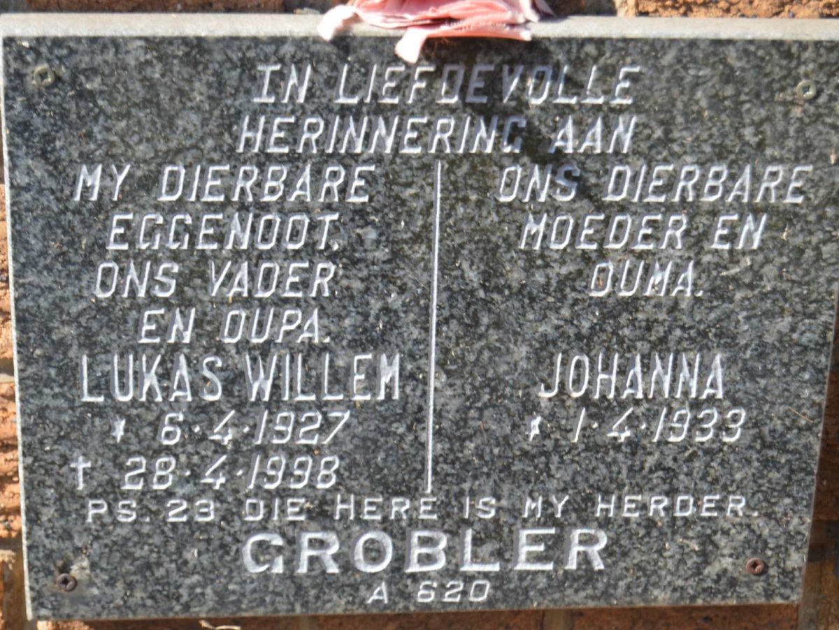 GROBLER Lukas Willem 1927-1998 &amp; Johanna 1933-