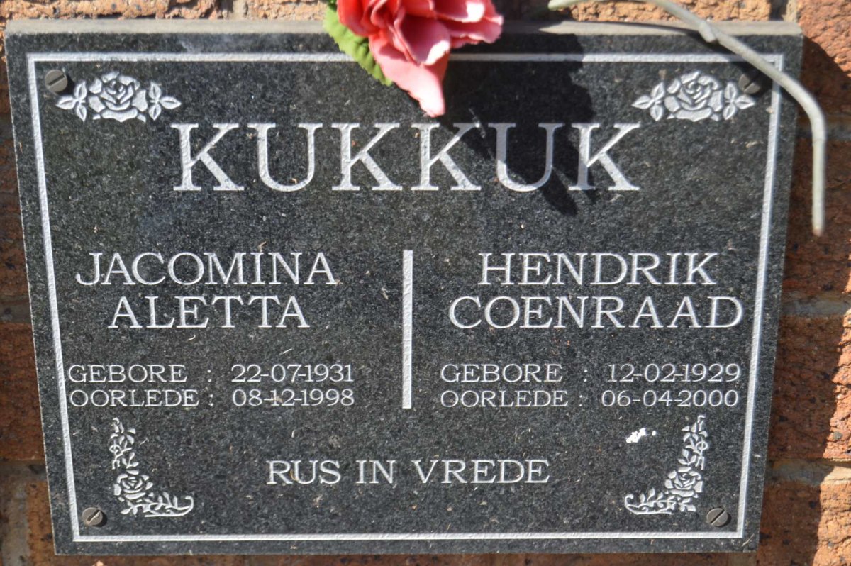 KUKKUK Hendrik Coenraad 1929-2000 &amp; Jacomina Aletta 1931-1998