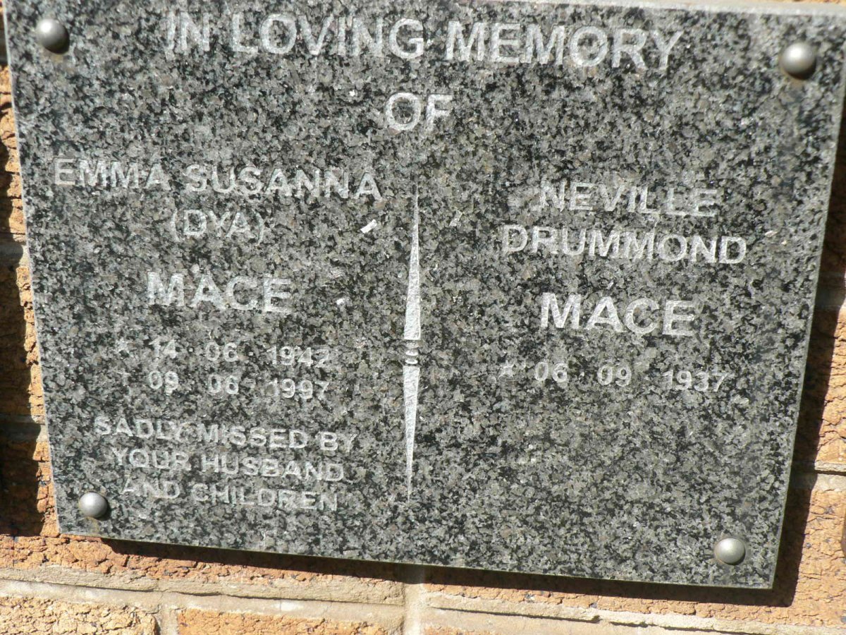 MACE Neville Drummond 1937-  &amp; Emma Susanna DYA 1942-1997