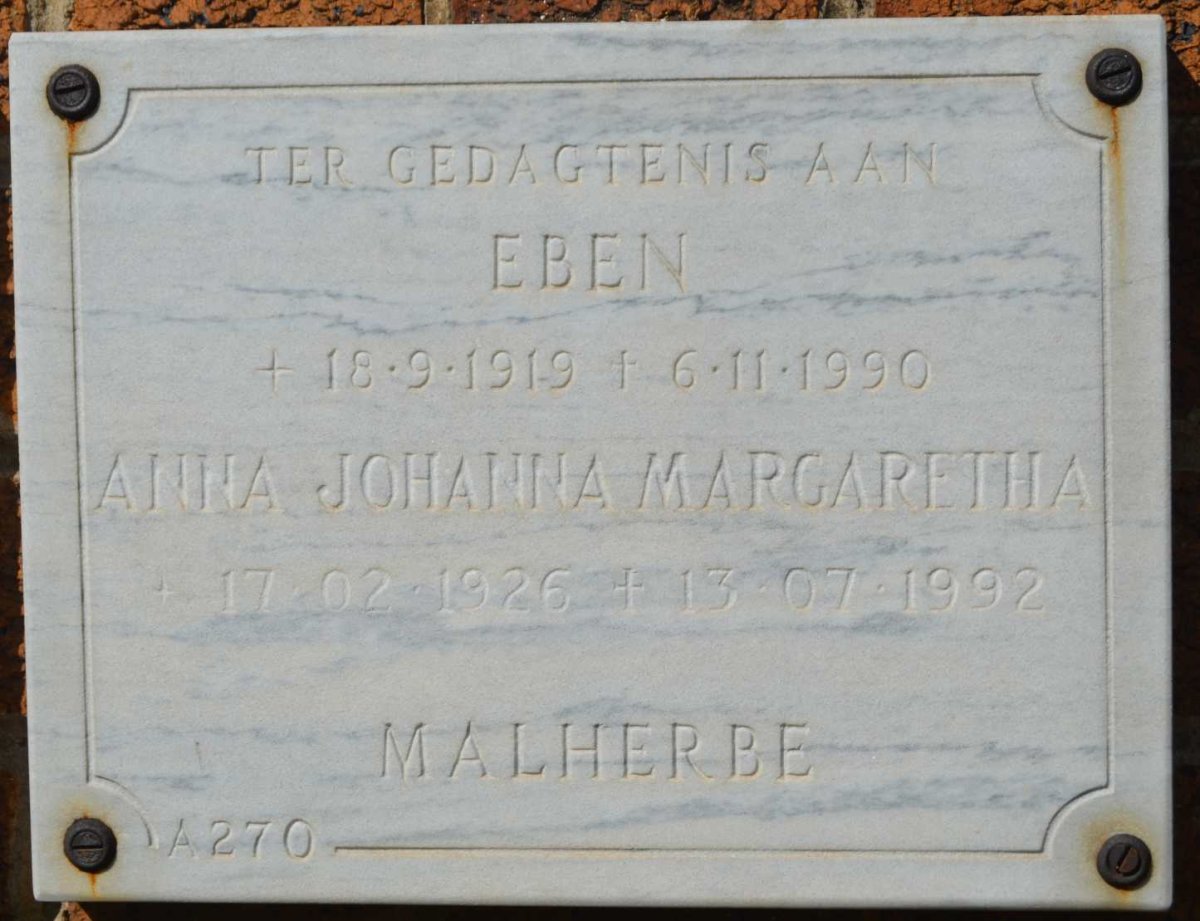 MALHERBE Eben 1919-1990 Anna Johanna Margaretha 1926-1992