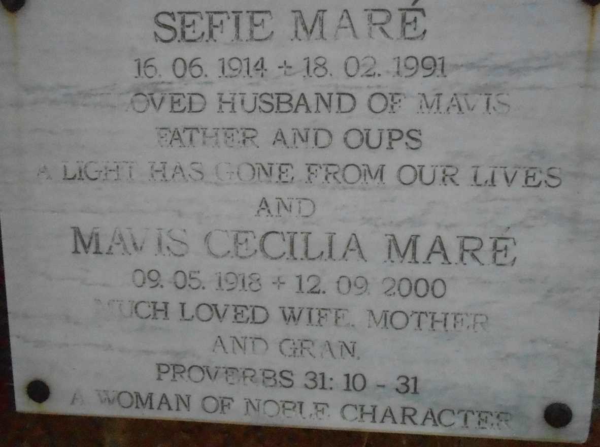 MARÉ Sefie 1914-1991 &amp; Mavis Cecilia 1918-2000