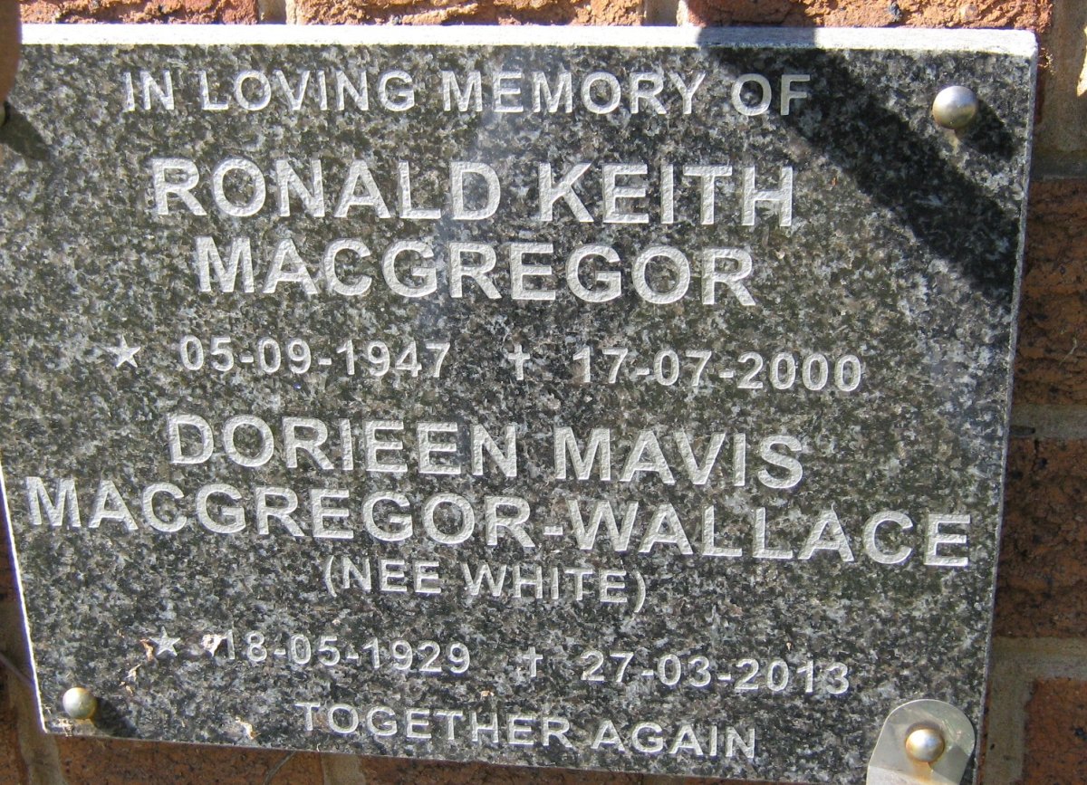 MacGREGOR Ronald Keith 1947-2000 &amp; Dorieen Mavis WHITE 1929-2013