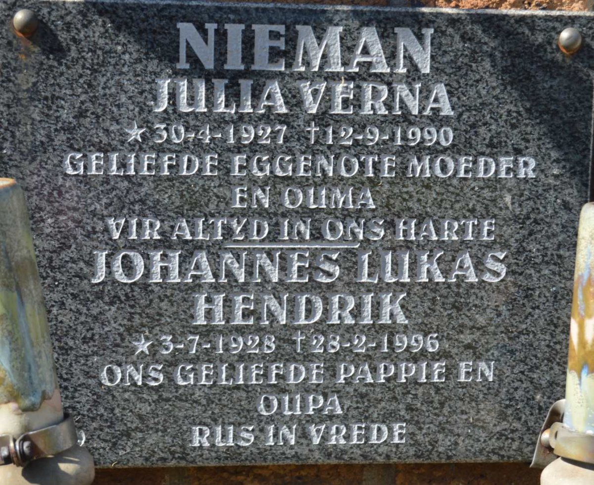 NIEMAN Johannes Lucas Hendrik 1928-1996 &amp; Julia Verna 1927-1990