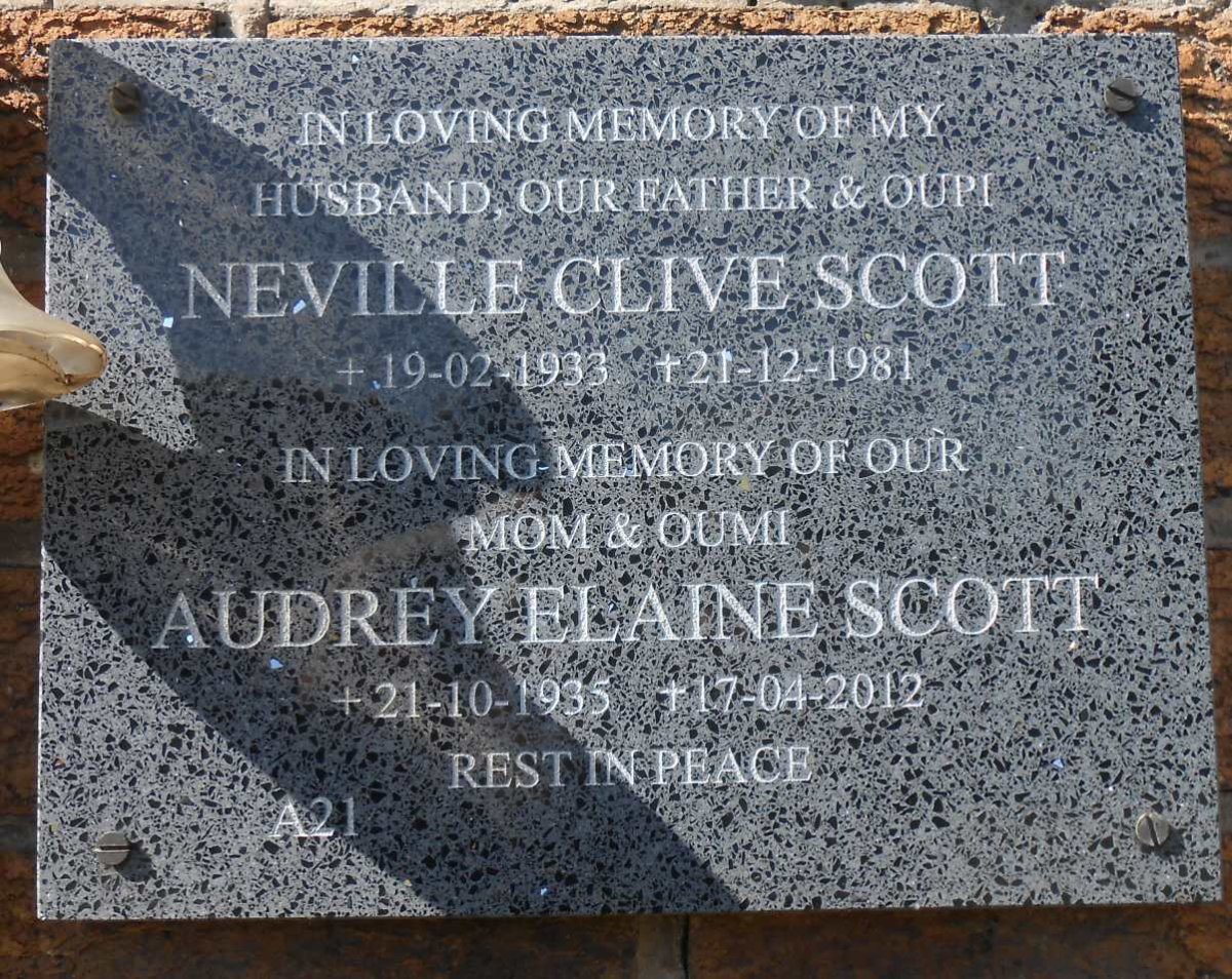 SCOTT Neville Clive 1933-1981 &amp; Audrey Elaine 1935-2012