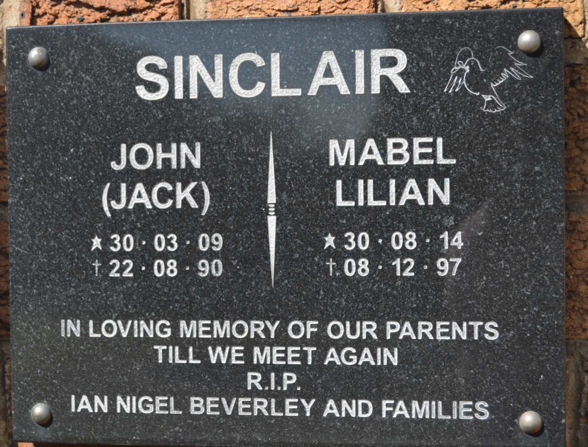 SINCLAIR John 1909-1990 &amp; Mabel Lilian 1914-1997