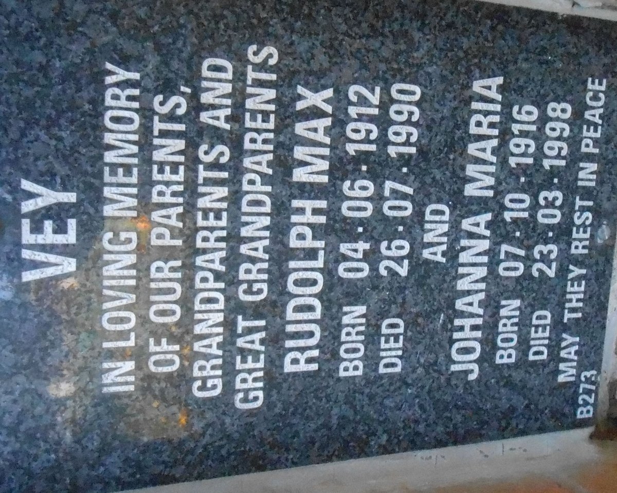 VEY Rudolph Max 1912-1990 &amp; Johanna Maria 1916-1998