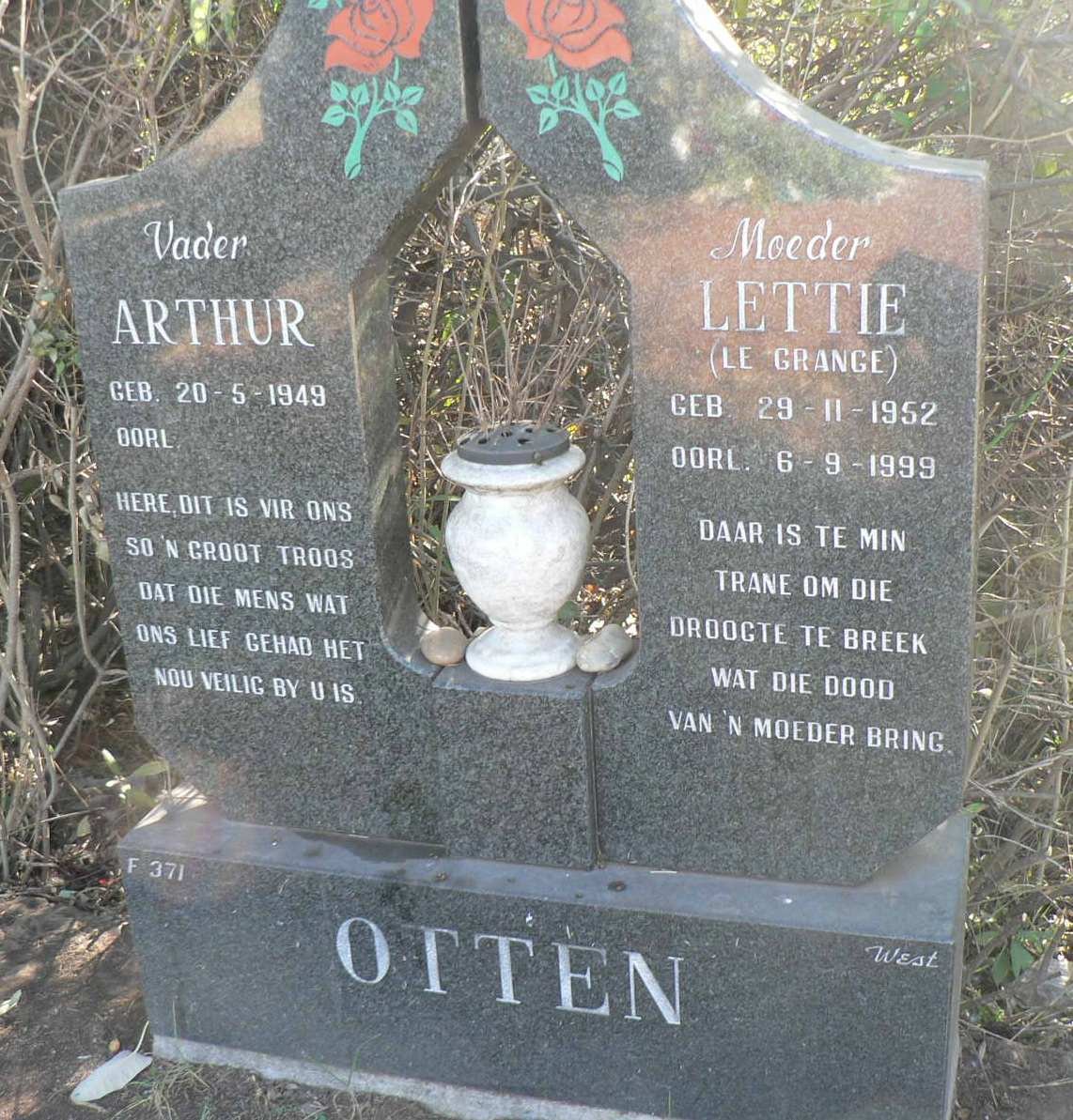 OTTEN Arthur 1949- &amp; Lettie LE GRANGE 1952-1999