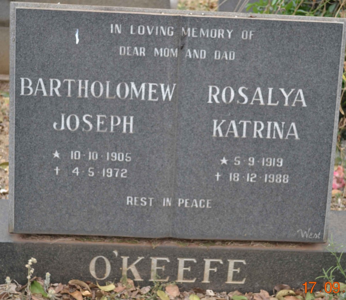 O'KEEFE Bartholomew Joseph 1905-1972 &amp; Rosalya Katrina 1919-1988
