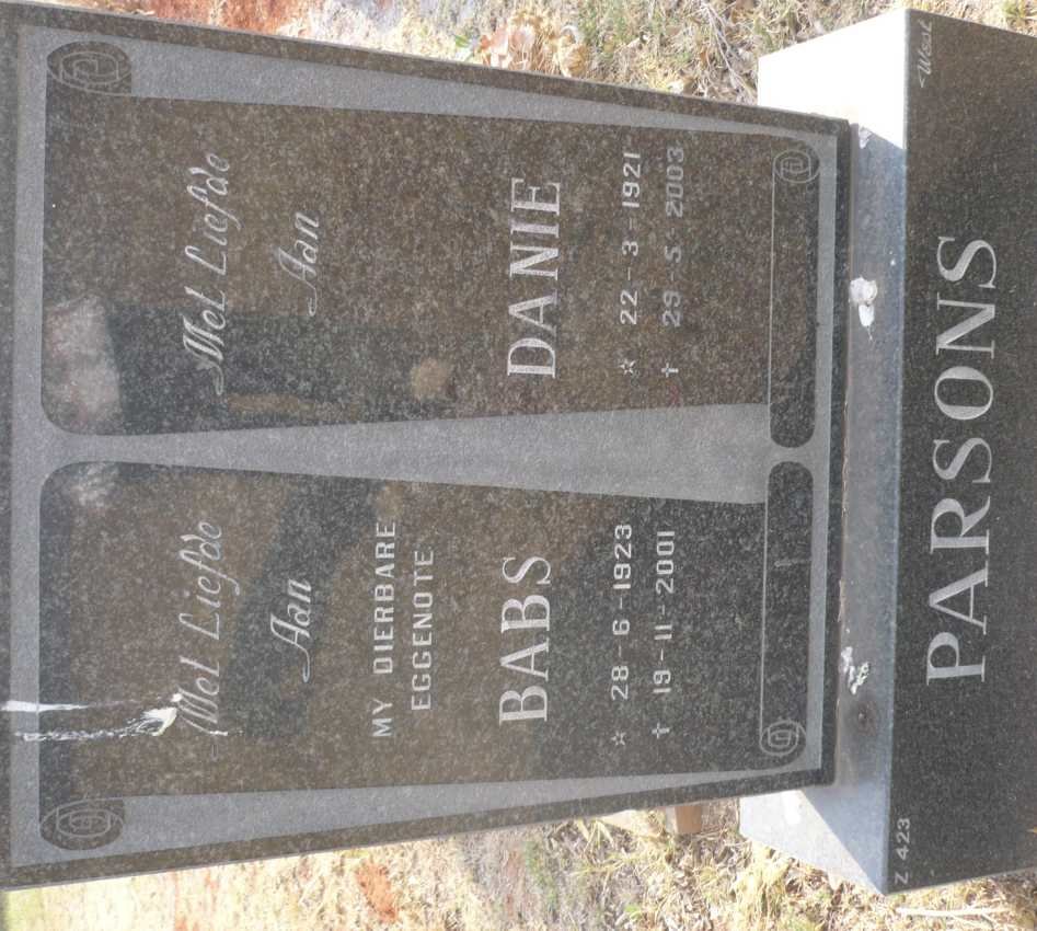 PARSONS Danie 1921-2003 &amp; Babs 1923-2001