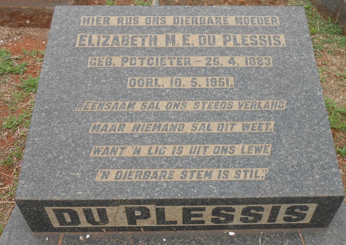 PLESSIS Elizabeth M. E., du nee POTGIETER 1883-1951