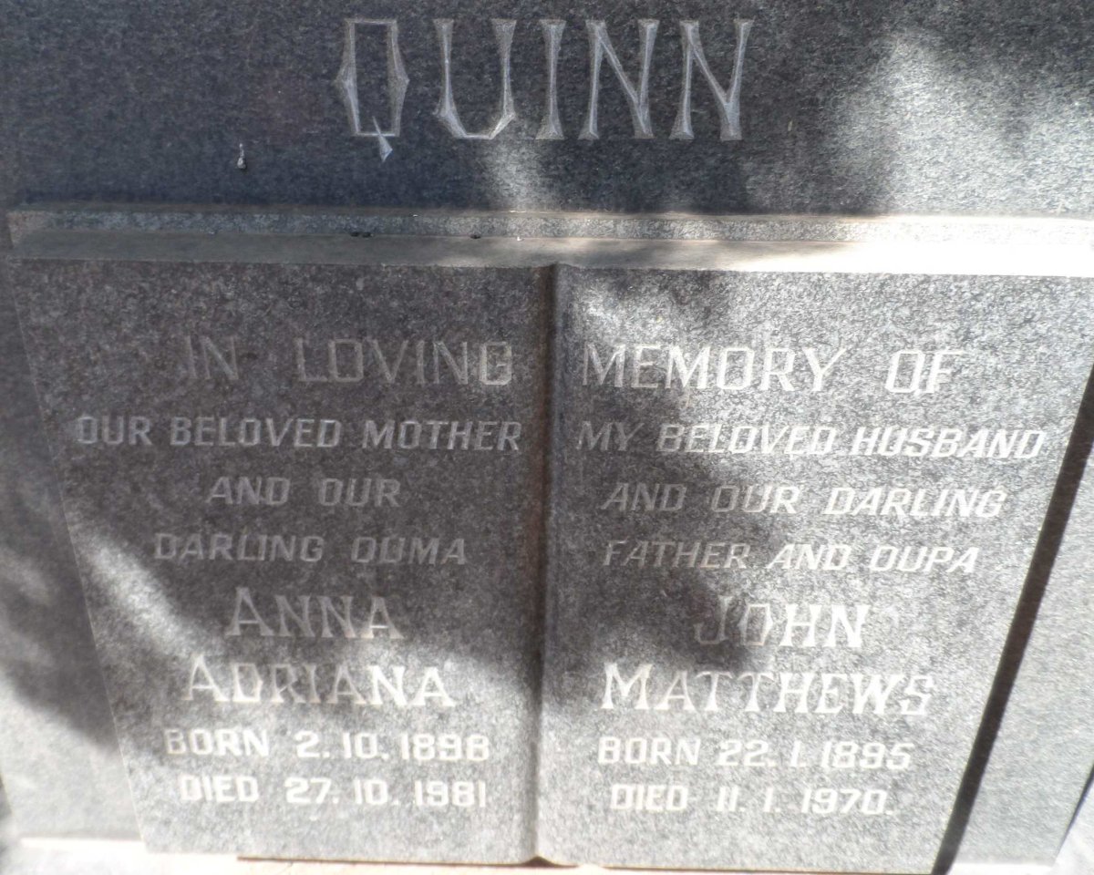 QUINN John Matthews 1895-1970 &amp; Anna Adriana 1898-1981