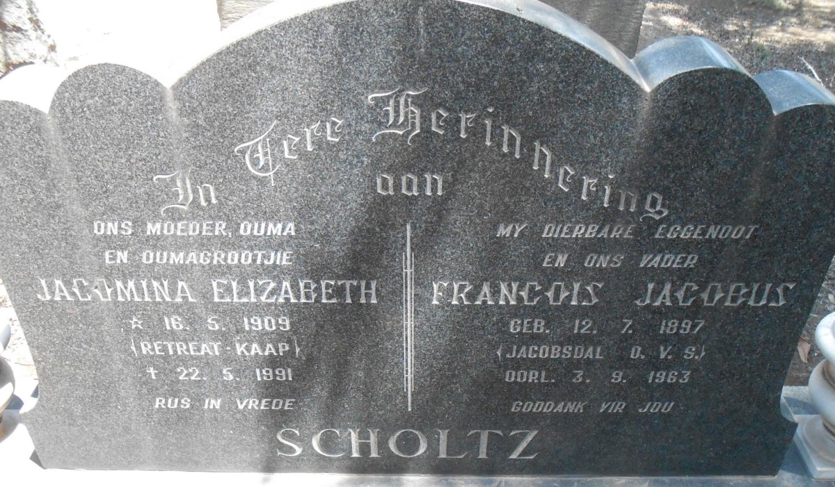SCHOLTZ Francois Jacobus 1897-1963 &amp; Jacomina Elizabeth 1909-1991