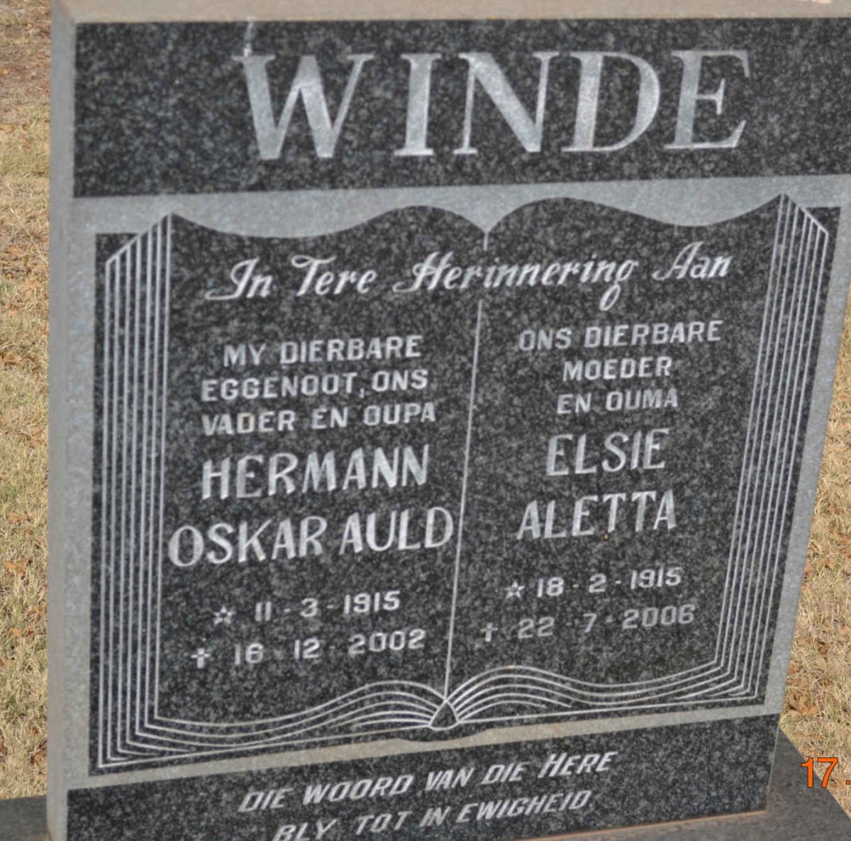 WINDE Hermann Oskar Auld 1915-2002 &amp; Elsie Aletta 1915-2006
