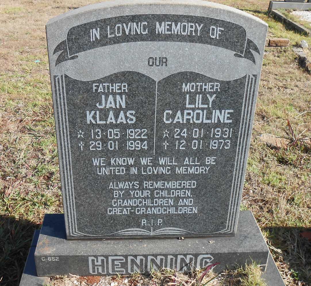 HENNING Jan Klaas 1922-1994 &amp; Lily Caroline 1931-1973