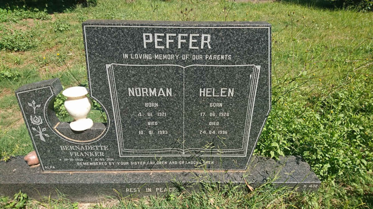 PEFFER Norman 1921-1983 &amp; Helen 1928-1996 :: FRANKER Bernadette 1959-2014