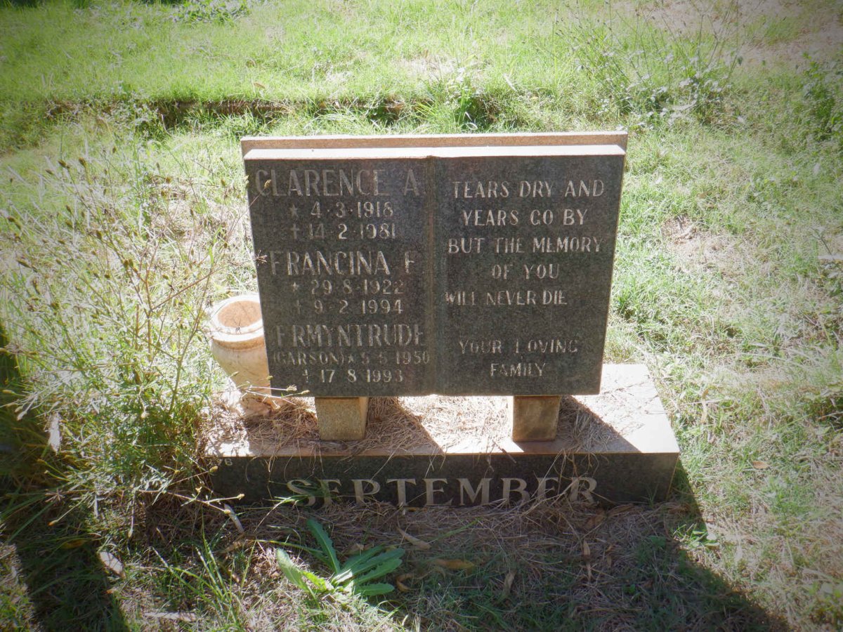 SEPTEMBER Clarence A. 1918-1981 &amp; Francina F. 1922-1994 :: SEPTEMBER Ermyntrude nee GARSON 1950-1993