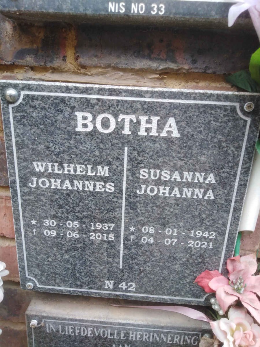 BOTHA Wilhelm Johannes 1937-2015 &amp; Susanna Johanna 1942-2021