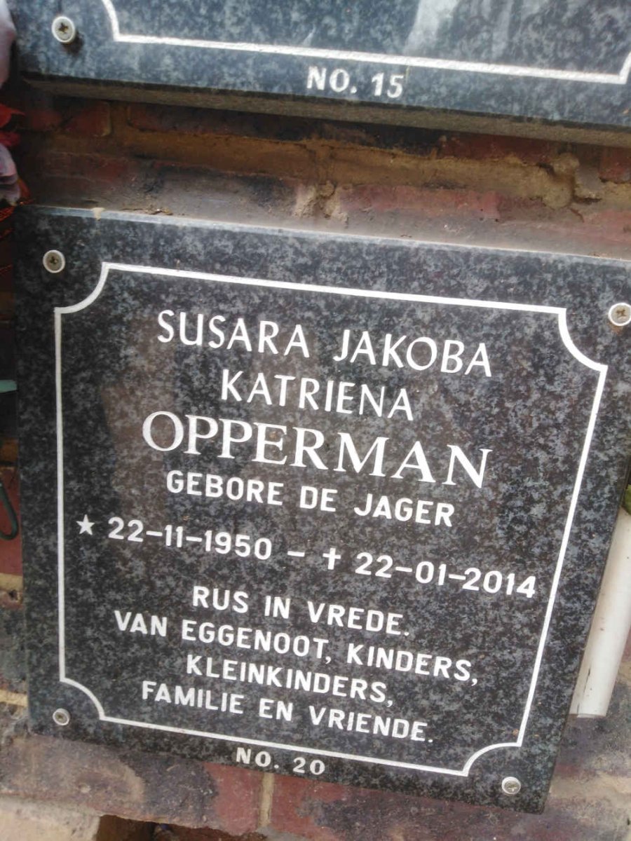 OPPERMAN Susara Jakoba Katriena nee DE JAGER 1950-2014
