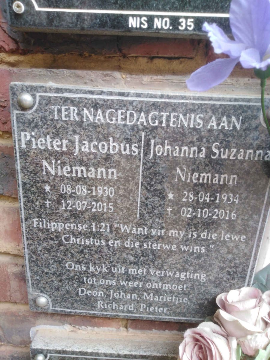 NIEMANN Pieter Jacobus 1930-2015 &amp; Johanna Suzanna 1934-2016