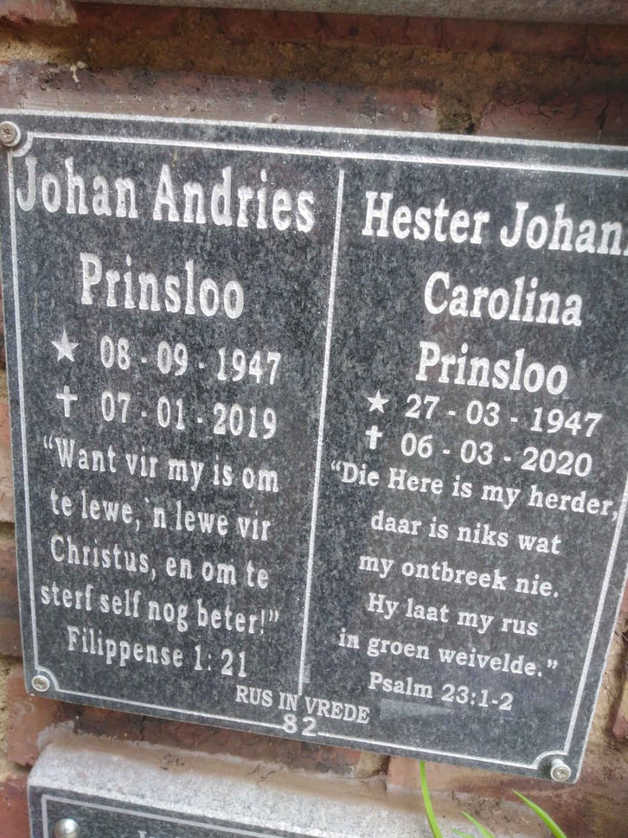 PRINSLOO Johan Andries 1947-2019 &amp; Hester Johanna Carolina 1947-2020