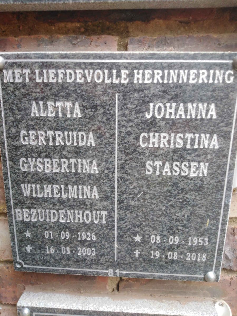 BEZUIDENHOUT Aletta Gertruida Gysbertina Wilhelmina 1926-2003