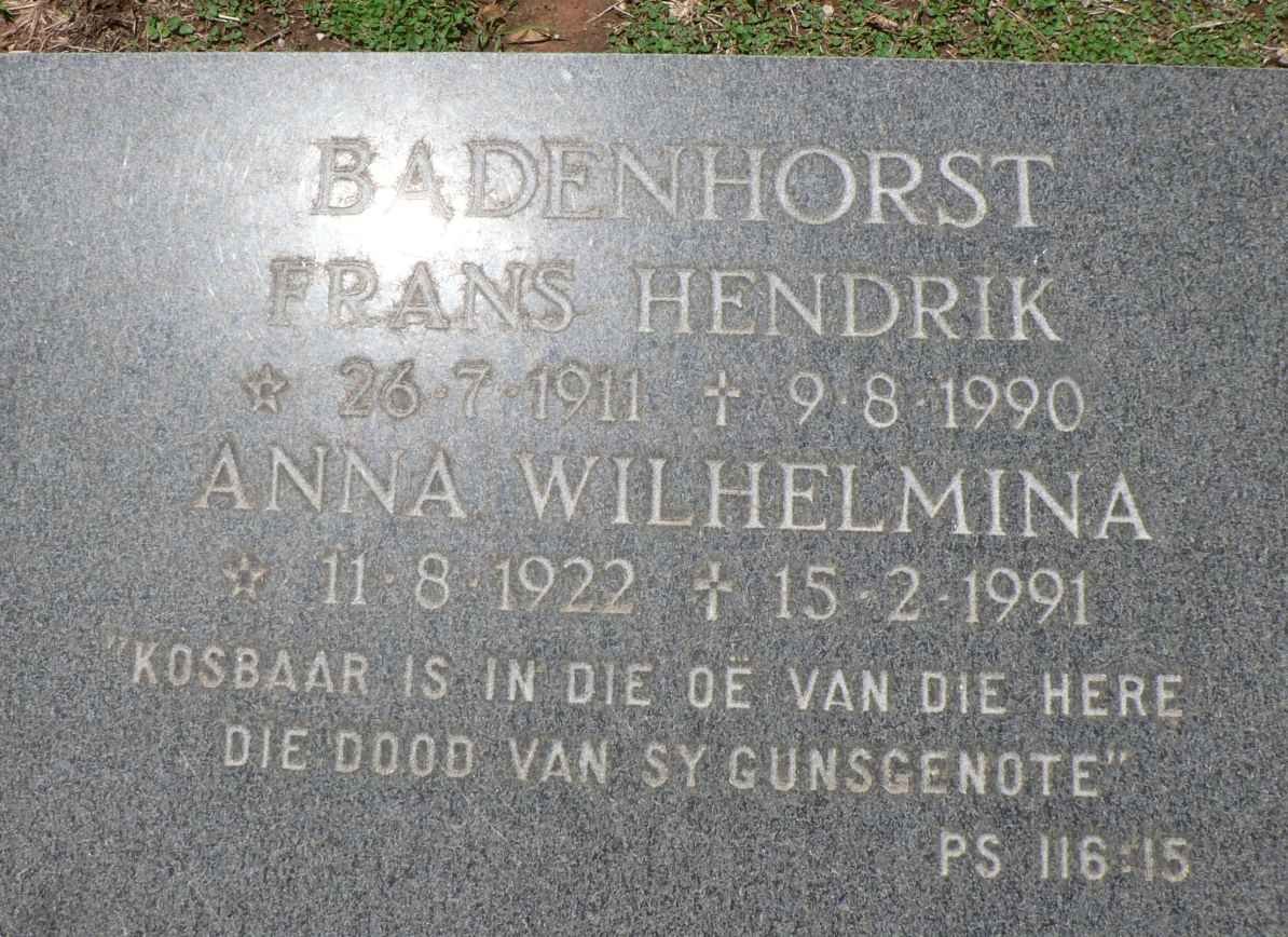 BADENHORST Frans Hendrik 1911-1990 &amp; Anna Wilhelmina 1922-1991