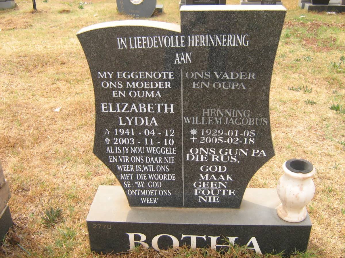 BOTHA Henning Willem Jacobus 1929-2005 &amp; Elizabeth Lydia 1941-2003