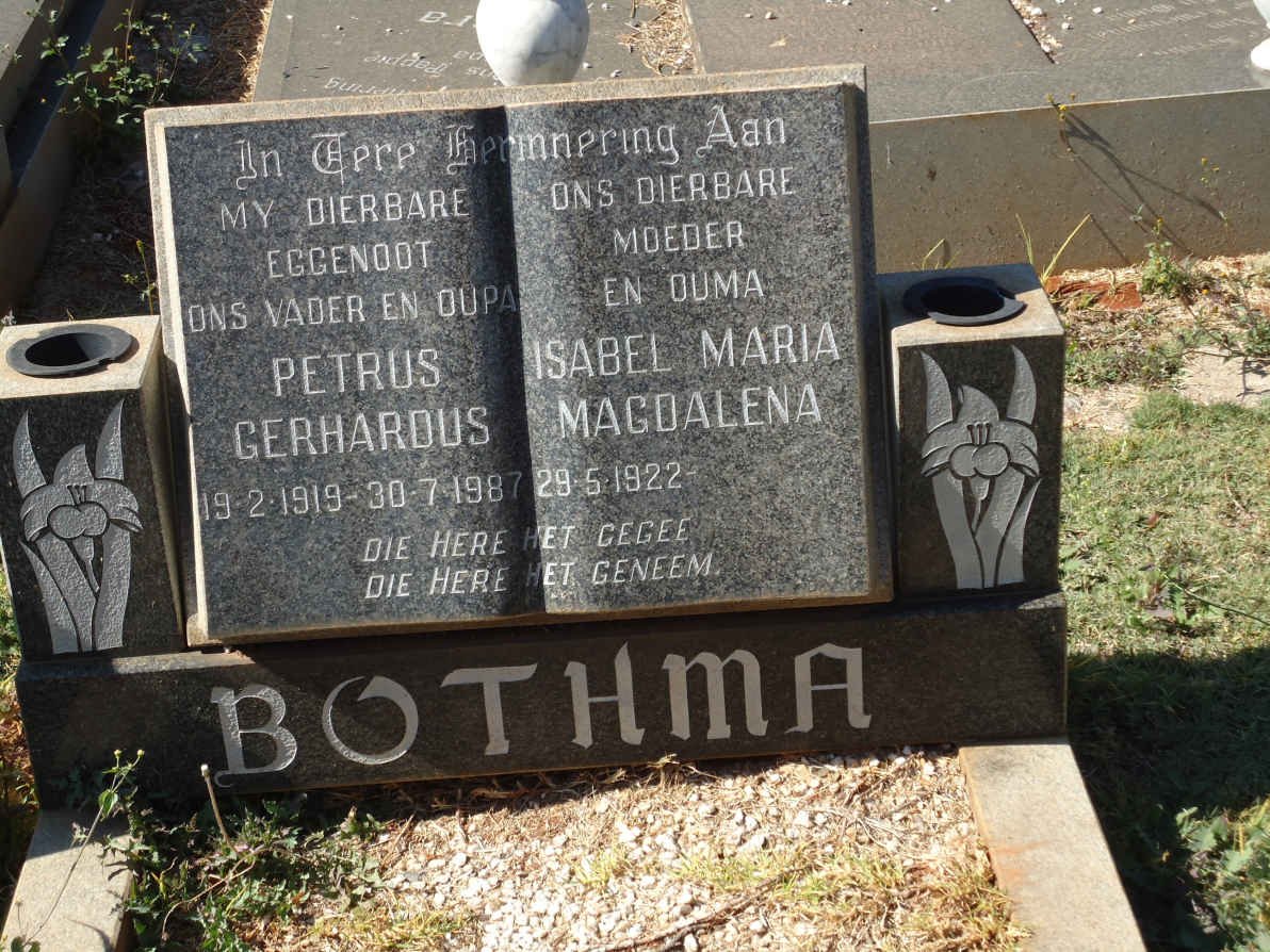 BOTHMA Petrus Gerhardus 1919-1987 &amp; Isabel Maria Magdalena 1922-