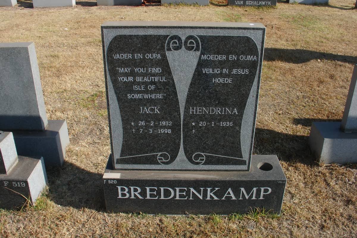 BREDENKAMP Jack 1932-1998 &amp; Hendrina 1936-