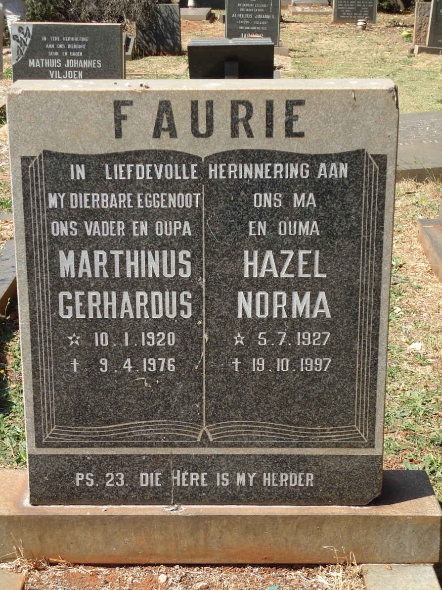 FAURIE Marthinus Gerhardus 1920-1976 &amp; Hazel Norma 1927-1997