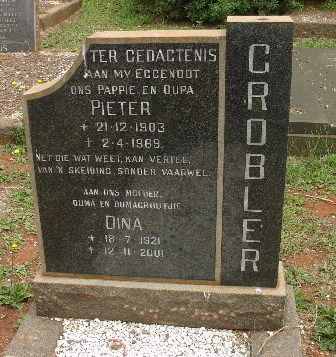 GROBLER Pieter 1903-1969 &amp; Dina 1921-2001