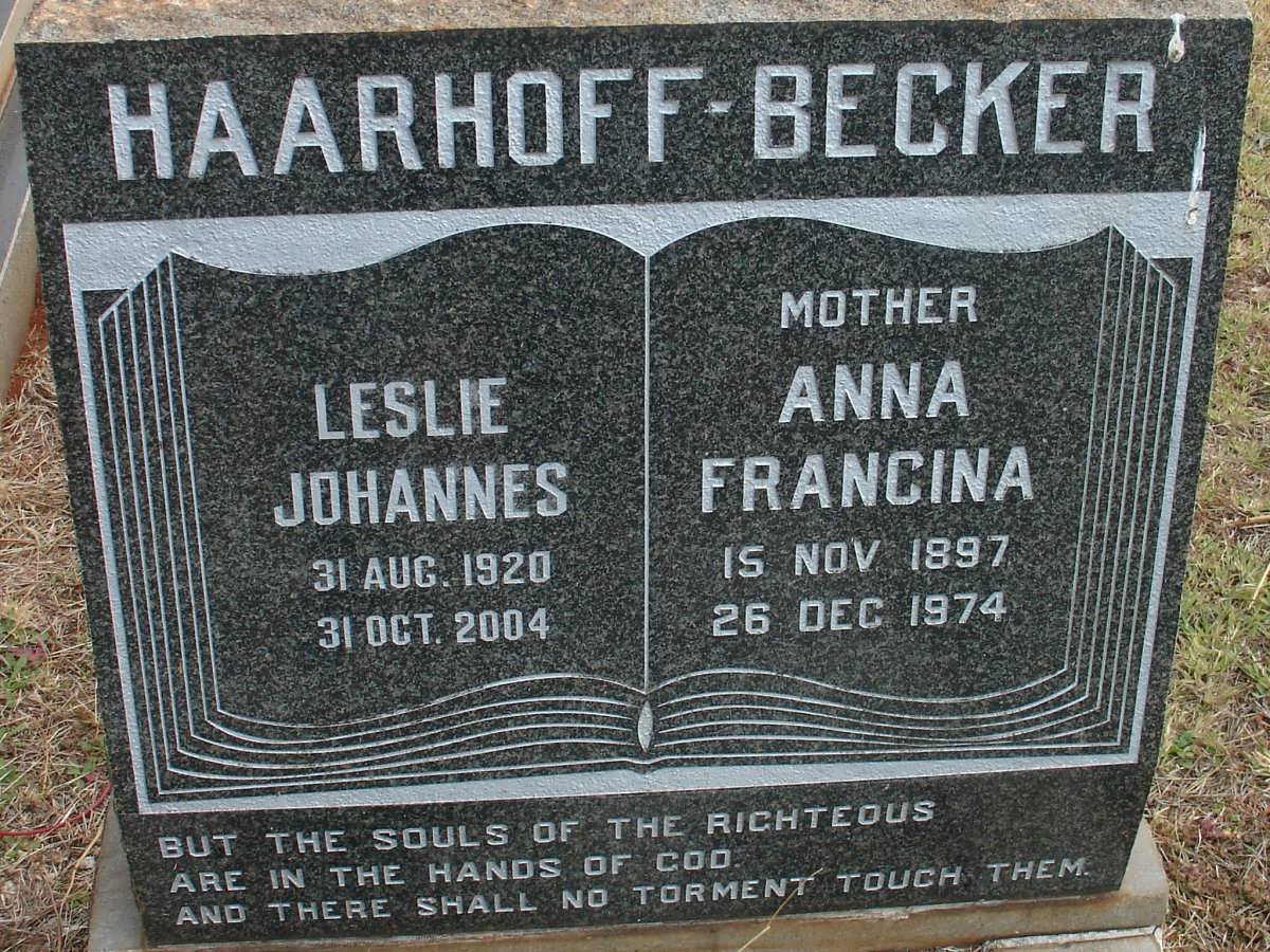 HAARHOFF Anna Francina 1897-1974 :: BECKER Leslie Johannes 1920-2004