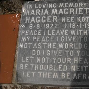 HAGGER Maria Magrietha nee KOTZE 1922-1992