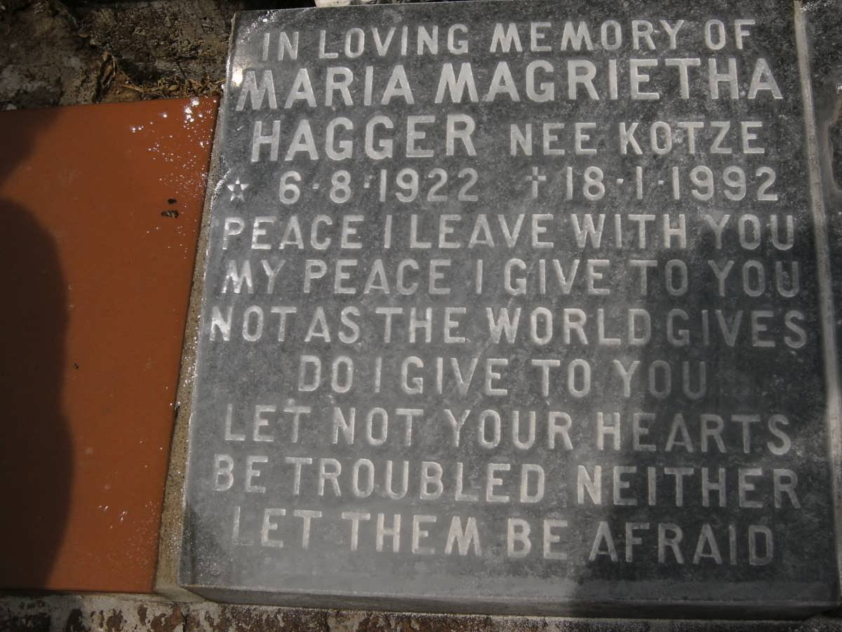 HAGGER Maria Magrietha nee KOTZE 1922-1992