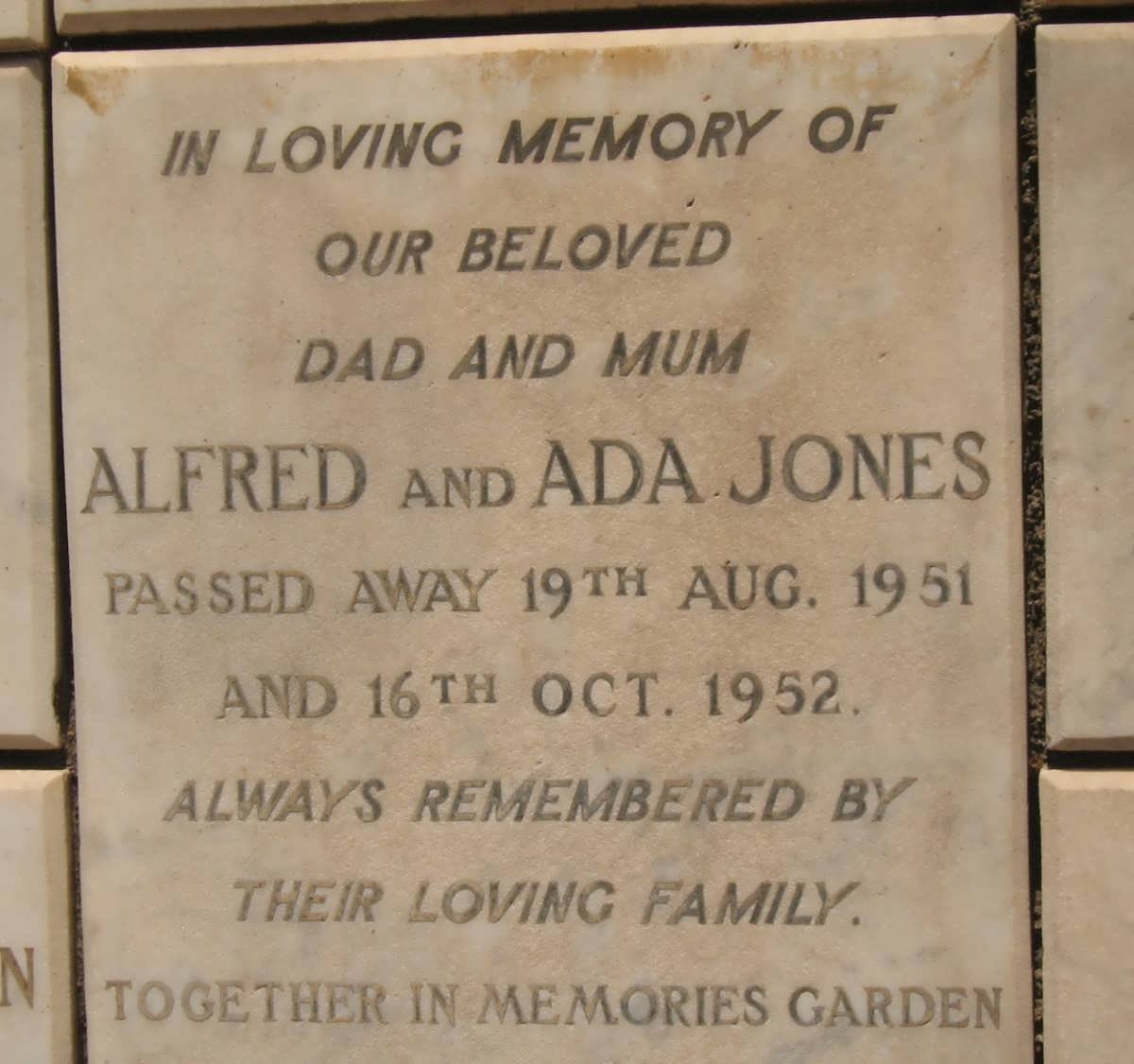 JONES Alfred -1951 &amp; Ada -1952