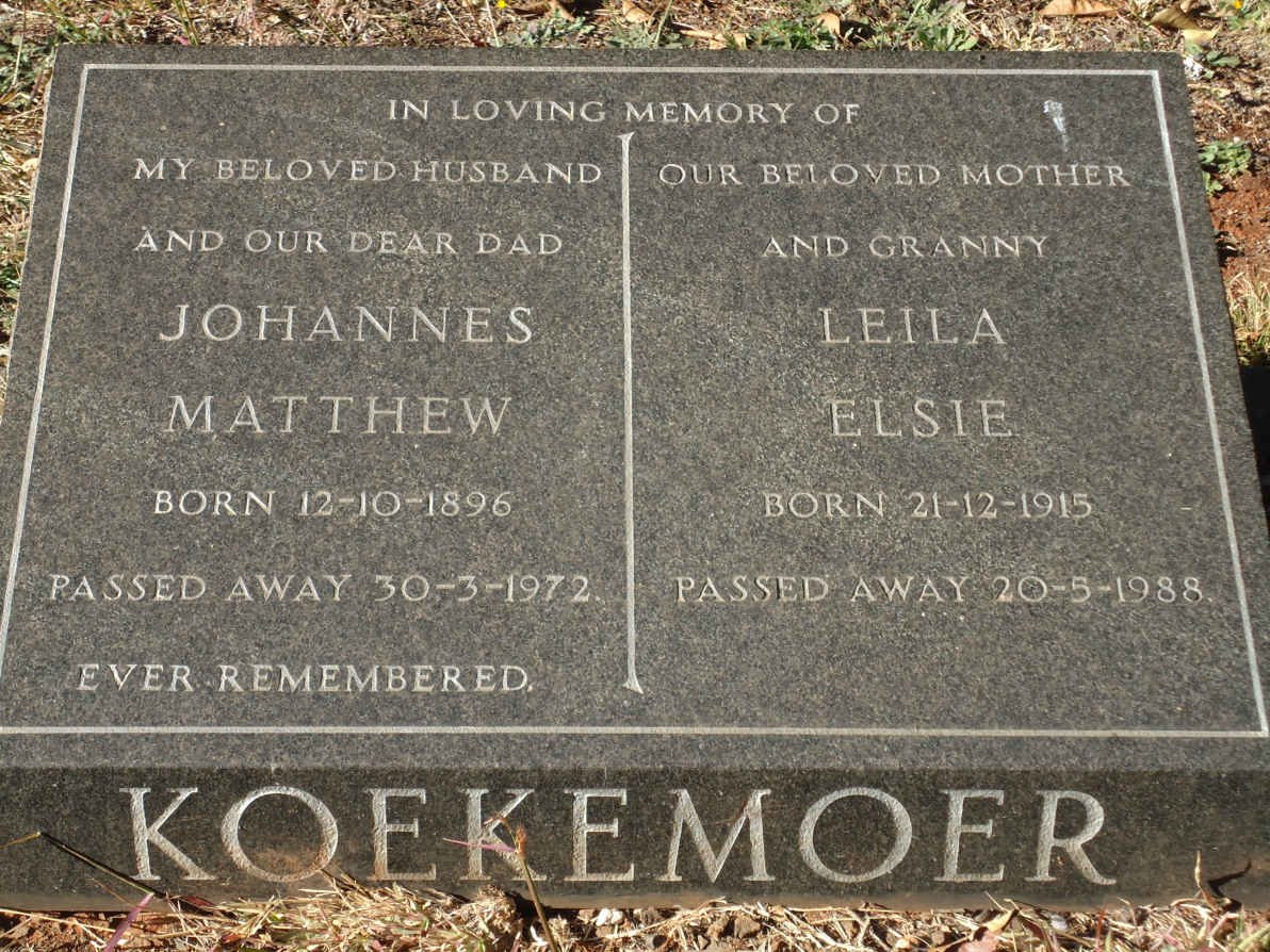 KOEKEMOER Johannes Matthew 1896-1972 &amp; Leila Elsie 1915-1988