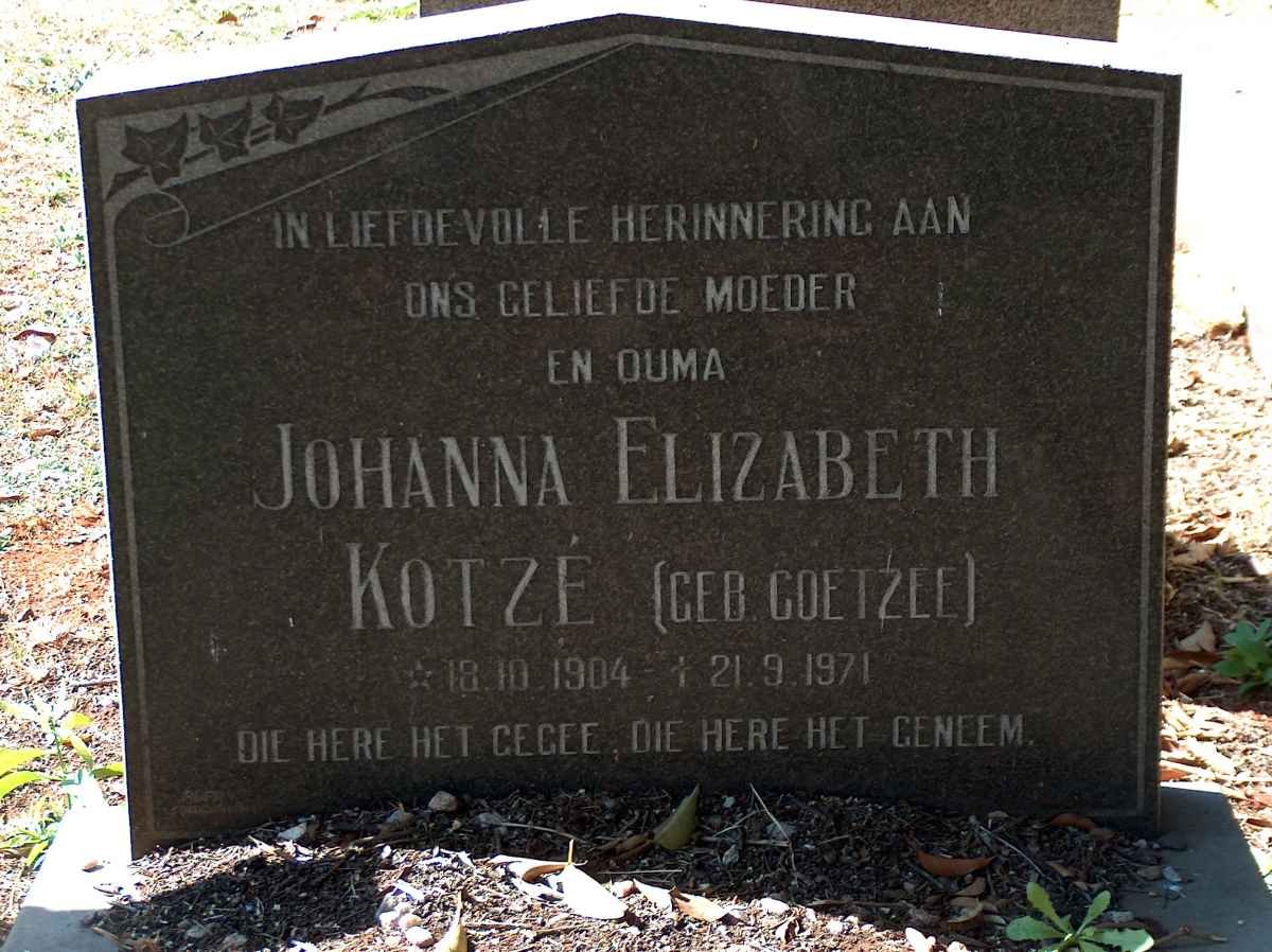 KOTZE Johanna Elizabeth nee COETZEE 1904-1971