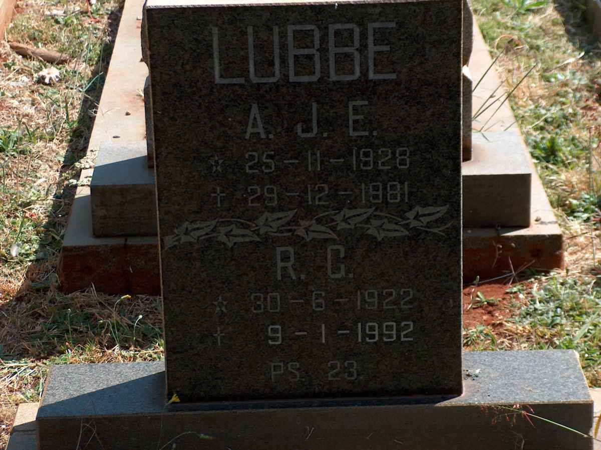 LUBBE A.J.E 1928-1981 &amp; R.G. 1922-1992