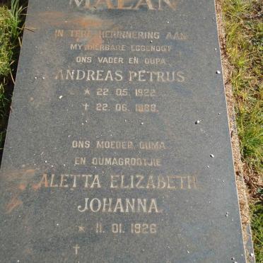 MALAN Andreas Petrus 1922-1988 &amp; Aletta Elizabeth Johanna 1926-