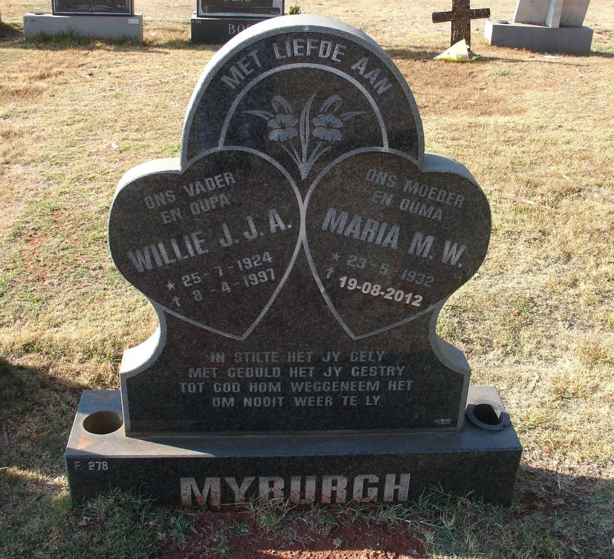 MYBURGH Willie J.J.A. 1924-1997 &amp; Maria M.W. 1932-2012