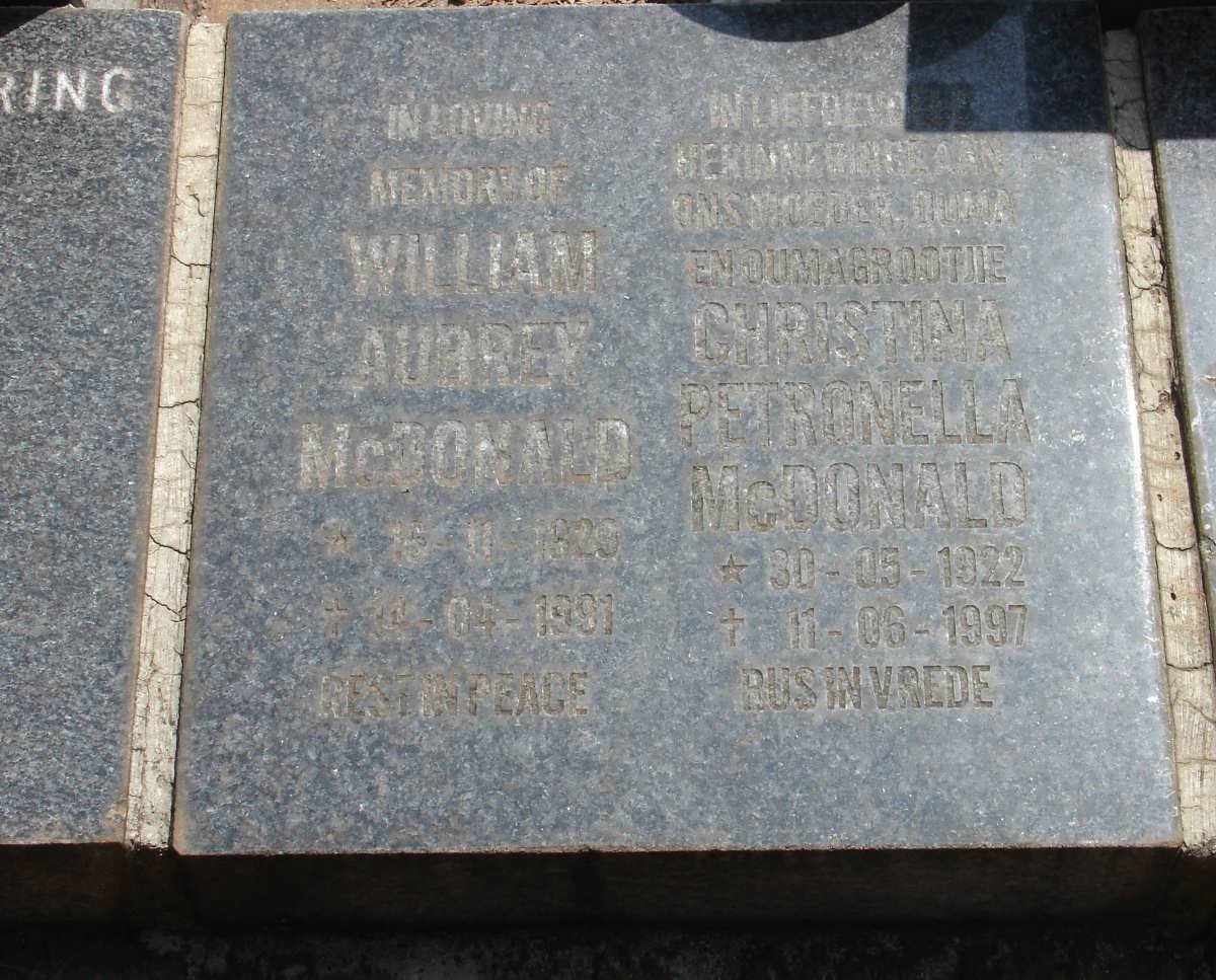 McDONALD William Aubrey 1925-1991 &amp; Christina Petronella 1922-1997