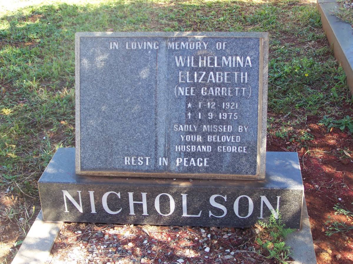 NICHOLSON Wilhelmina Elizabeth nee GARRETT 1921-1975