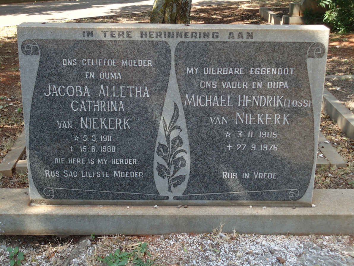 NIEKERK Michael Hendrik, van 1905-1976 &amp; Jacoba Alletha Cathrina 1911-1988