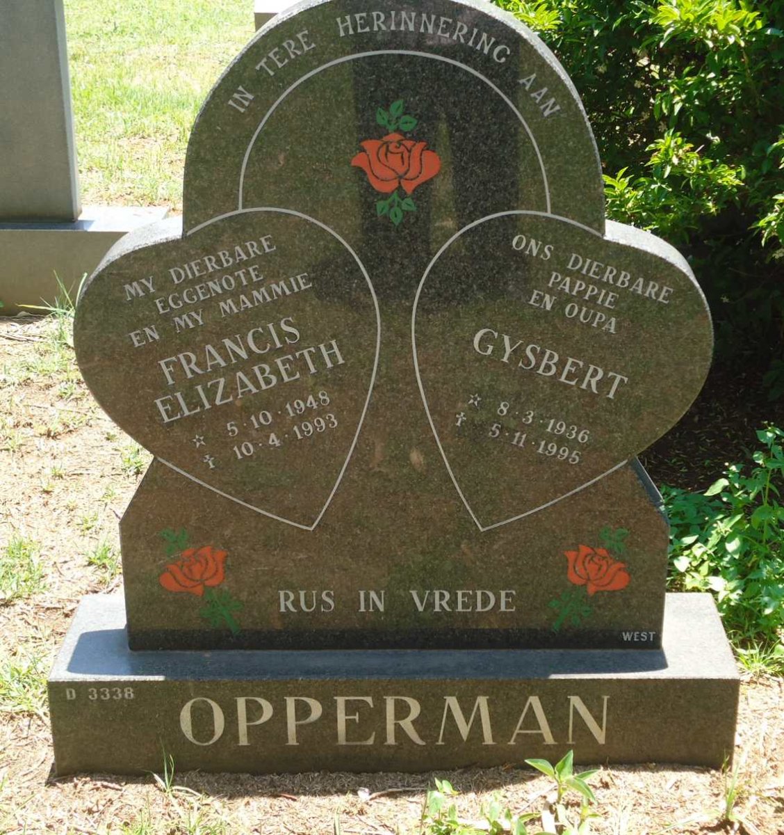 OPPERMAN Gysbert 1936-1995 &amp; Francis Elizabeth 1948-1993