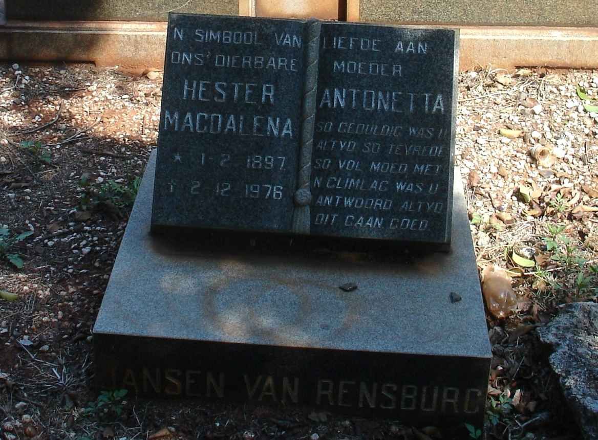RENSBURG, Jansen van Hester Antonetta Magdalena 1897-1976