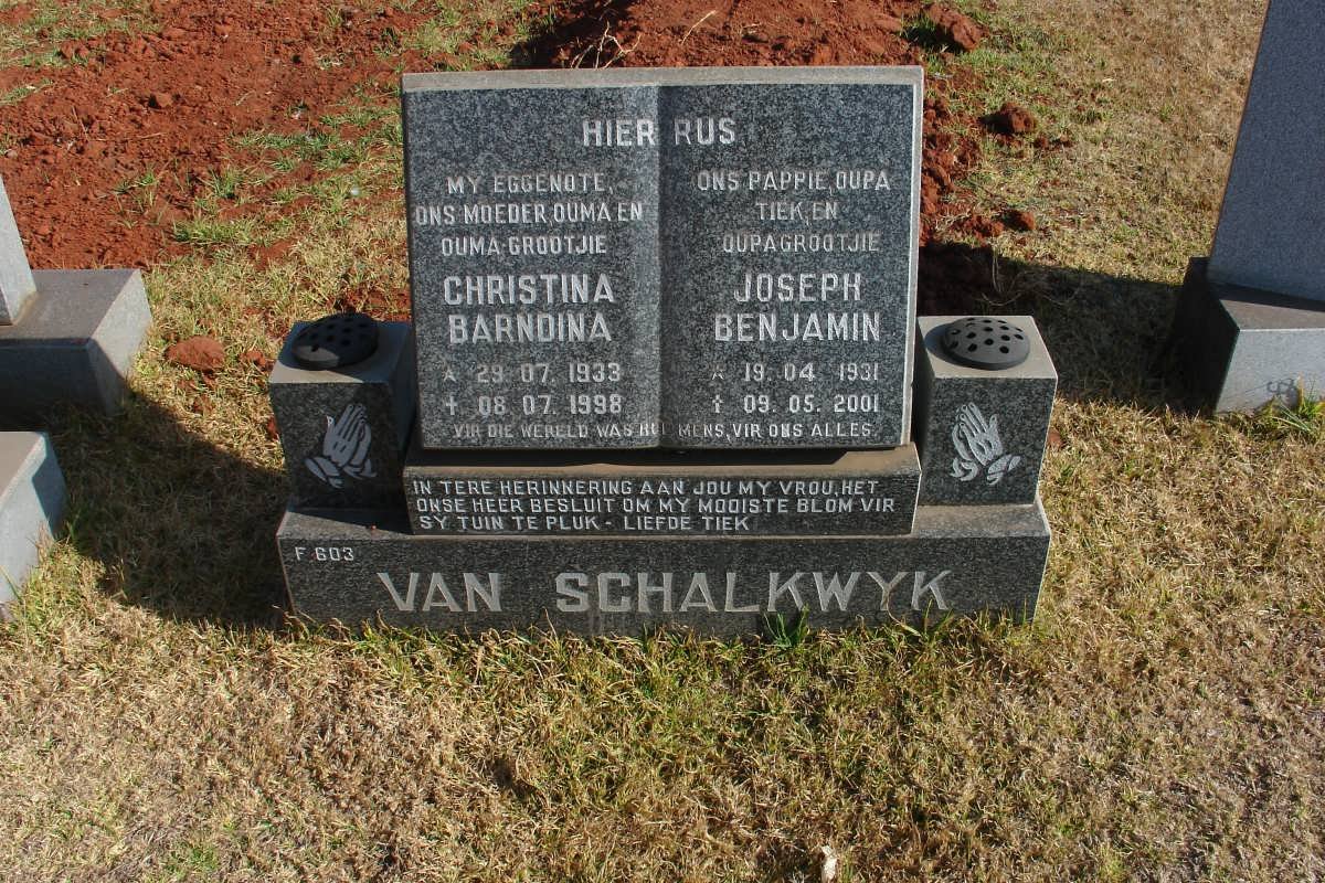 SCHALKWYK Joseph Benjamin, van 1931-2001 &amp; Christina Barndina 1933-1998