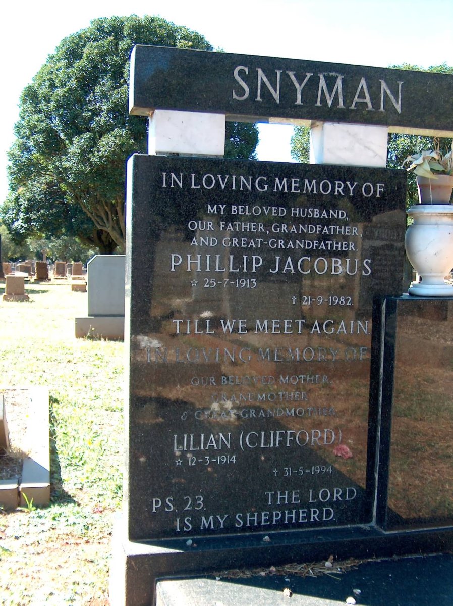 SNYMAN Phillip Jacobus 1913-1982 &amp; Lilian CLIFFORD 1914-1994