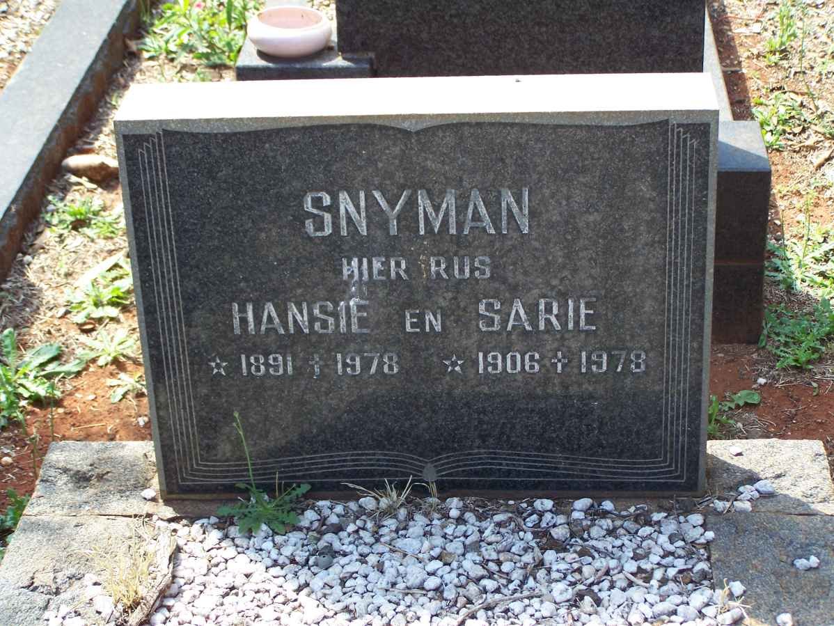 SNYMAN Hansie 1891-1978 &amp; Sarie 1906-1978